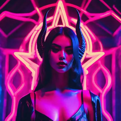 Prompt: beautiful female demon, hell, demonic, vaporwave, retro, neon, aesthetic, liminal, high quality, high definition, beautiful, dramatic lighting