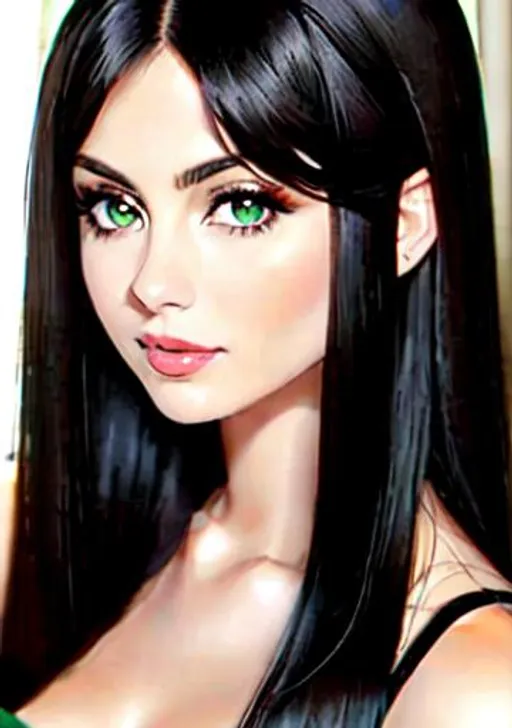 Prompt: Mix victoria justice and Morena Baccarin, green eyes, black long hair, dark skin