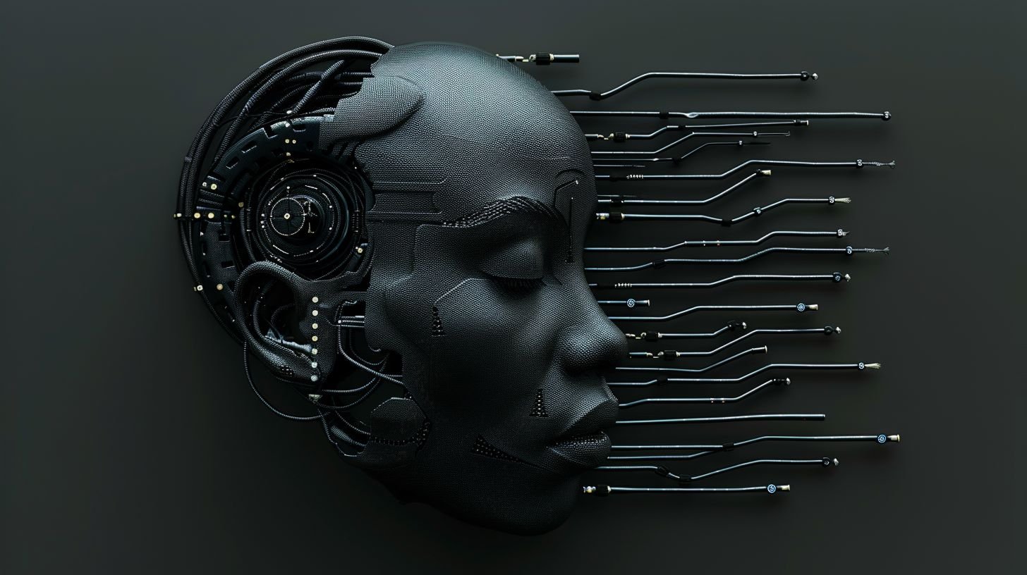 Prompt: 3d female face surrounded by wires,, in the style of dark silver and dark black, afrofuturism, intricate body-painting, pixelated, robotic motifs, made of rubber, textural minimalism
