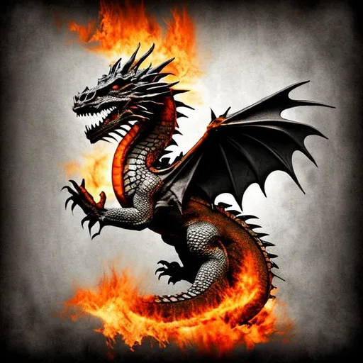 Prompt: A dragon in action breathing fire with black rough brushed border around frame of picture with colors, dominant in yellow and gray, add burnt orange, white highlights