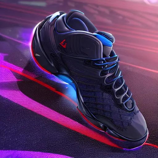 Prompt: 3D render lateral view of Air Jordan Retro 14 concept streetball , in pitch black ,inlaid with indigo neon cells. The laces and shoe has red glow inside , with 3d render from a video game.