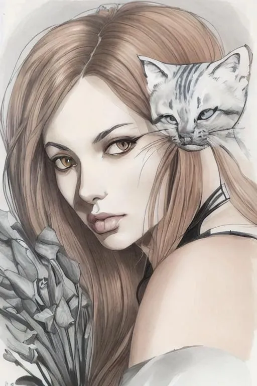 Prompt: Faithful friends, a beautiful woman and her cat. Style art by Laura Sava, Maria sibylla merian and Yoji Shinkawa. Very beautiful, best quality, 3d.