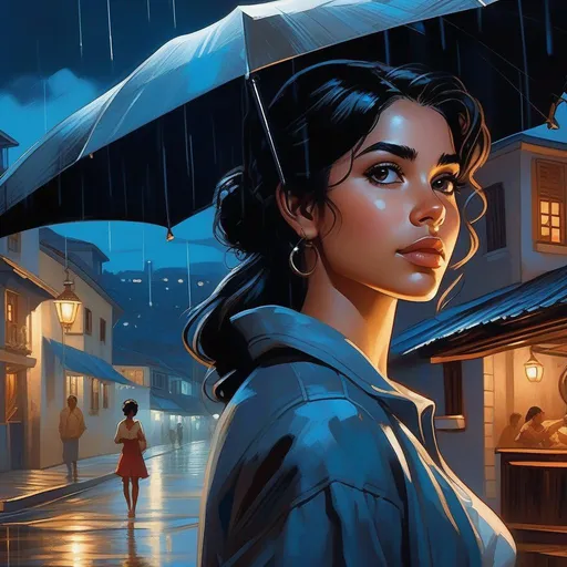 Prompt: Third person, gameplay, Brazilian girl, pale, fair skin, black hair, brown eyes, Barbacena at night, rain, cold blue atmosphere, cartoony style, extremely detailed painting by Greg Rutkowski and by Henry Justice Ford and by Steve Henderson 

