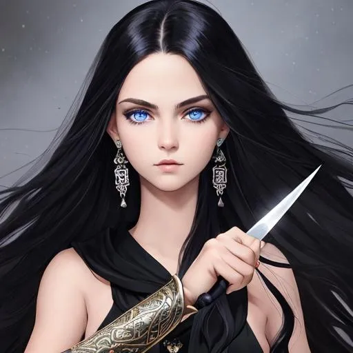 Prompt: An insanely beautiful girl around 16 years old. wearing black skull earrings. holding a sharp dagger in one hand. perfect anatomy, symmetrically perfect face. beautiful deep blue eyes. beautiful long black wavy hair. hyper realistic. no extra limbs or hands or fingers or legs or arms.