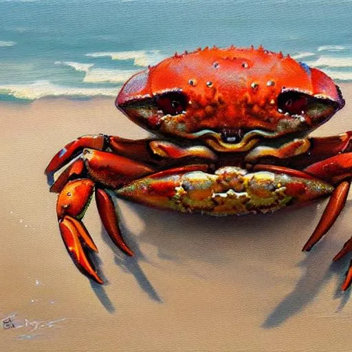Prompt: "cute little crab on the beach by Elaine Bayley, neo-impressionism , smooth post-impressionist impasto acrylic painting, a masterpiece, 8k resolution, by Greg Rutkowski, dynamic lighting, hyperdetailed, intricately detailed, trending on Artstation, deep color, Unreal Engine, volumetric lighting, Alphonse Mucha, Jordan Grimmer"