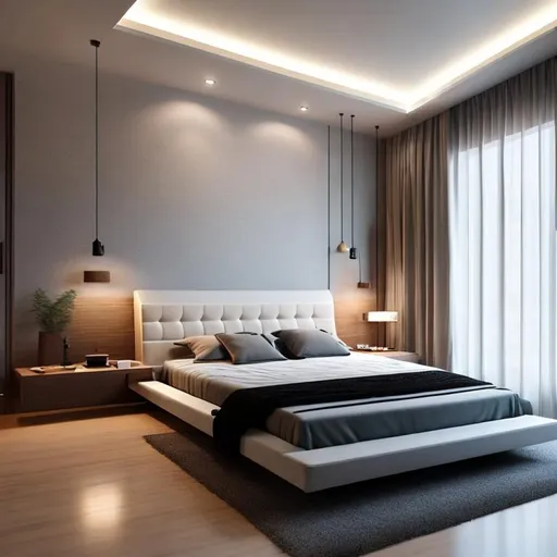 Prompt: a modern bedroom without night tables