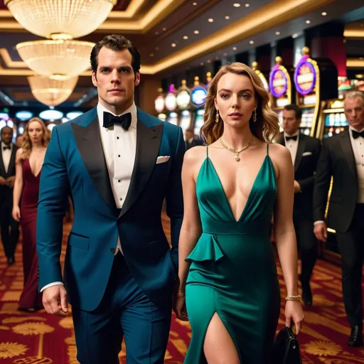 Prompt: Cinematic 8k photo of Henry Cavill and Jodie Comer walking into an elegant crowded casino, modern formal attire, dramatic scene, espionage, high style, photorealism, high definition, crowded setting, detailed expressions, intense focus, luxury ambiance, sophisticated lighting