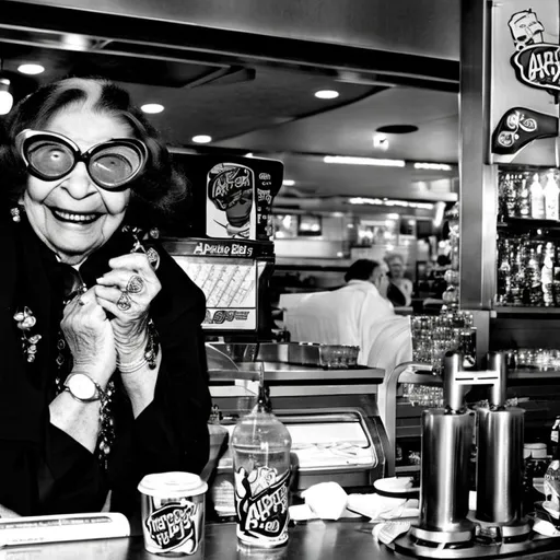 Prompt: Drunk and disorderly Iris Apfel in an Arby’s in the bad part of town in the middle of the night. 