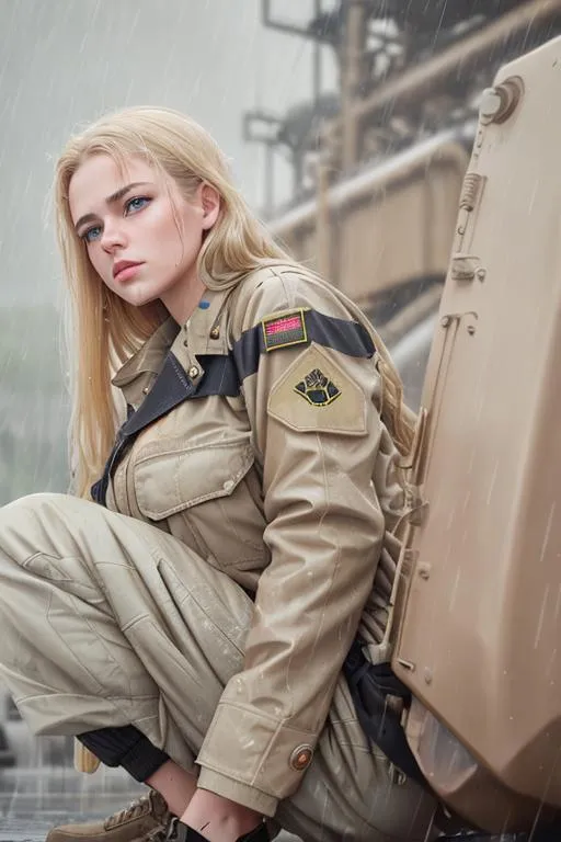 Prompt: Analog style portrait+ style ; war girl in heavy rain, wet, wearing baggy pants and military uniform visiting fuel refinery. Hyperealistic 8k shot of rainstorm beautiful morning hour high resolution dim lighting. Hazel gold eyes. Long blond hair. Shadow eyeliner. Squatting. Holding m4a1