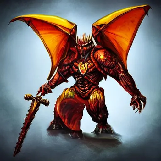 Prompt: Dragonoid with super detailed face, super detailed muscles, has a big red jewel in the chest, holding a very big golden and fiery sword in black aura, ultra hd, cinematic lighting