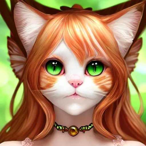 Prompt: Fairy goddess of cats, strawberry blonde with calico cat traits, cat shaped  pupils in eyes, green eyes, closeup
