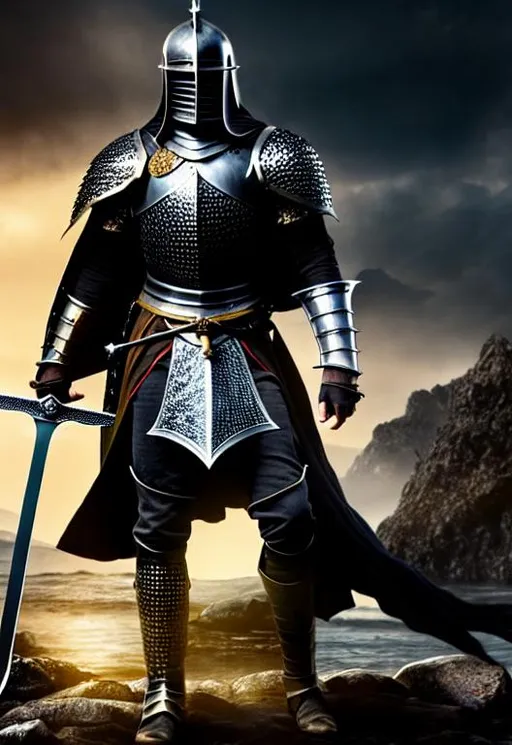 Prompt: HDR, UHD, 8k, High Detail, full body pose, male knight with a sinister smirk, the knight has long dark hair is standing in black plate mail darker than anything known to man, the knight is standing in a stream of blood holding a Crusader's sword with a golden cross gaurd and obsidian black blade, the stream is flowing through the middle of a large kingdom, the kingdom is on fire, beyond the kingdom is a mountain shrouded with smoke, above the mountain a blood red moon hangs over the landscape, Medevil environment,