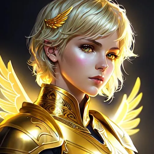 Prompt: paladin, armor, short hair, caplet and hood, female, Aasimar, holy, glowing yellow golden eyes, glowing tattoos, ethereal, angel wings, tattoo on cheek, UHD, 8K, high fantasy, (((art by Agnes Cecile))), 