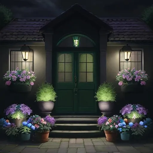 night-time, garden, multicolored flowers, flower pot