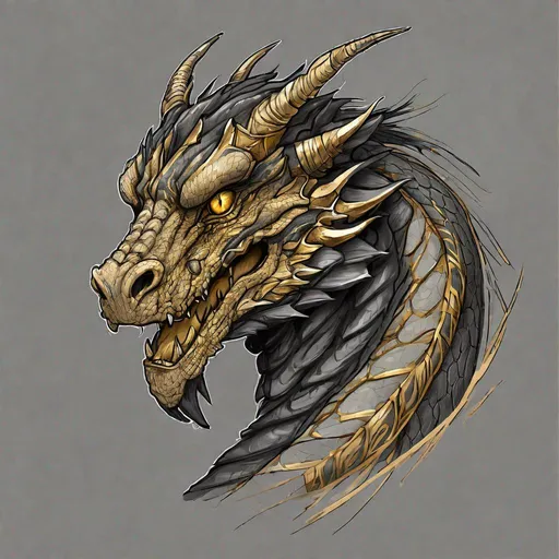 Prompt: Concept design of a dragon. Dragon head portrait. Coloring in the dragon is predominantly black with gold streaks and details present.