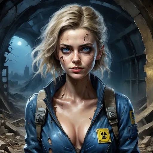 Prompt: vault-tec girl from fallout, wearing damaged tattered vault jumpsuit, outfit is disheveled with holes in it, thin transparent clingy jumpsuit, in a wasteland ruin, full body view, deep cleavage, she smiles at the viewer and gives a thumbs up, face similar to charlize theron and Phoebe Tonkin, Alexandra Daddario, Ariana Grande, Natalie Portman, calm serious albeit haunted expression, (full-body) oil painting of attractive female human, attractive detailed face, big expressive eyes, haunted expression, dark moody atmospheric lighting, highly detailed background, dark gritty tones, highly detailed, professional illustration, painted, art, painterly, impressionist brushwork, thick blonde hair, , ((piercing blue eyes)), clothes slightly tattered and damaged