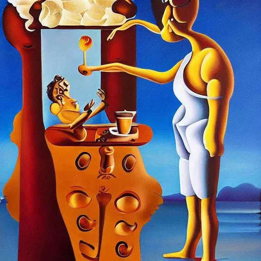 Prompt: oil painting of a man giving a woman an ice cream cone, made in the artistic style of Salvador Dali
