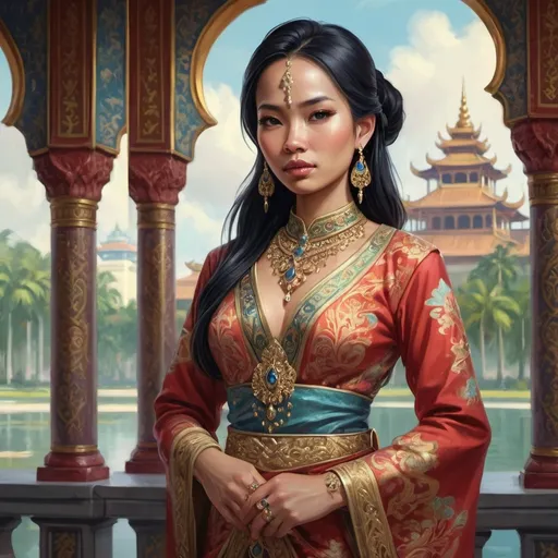 Prompt: Full body, Fantasy illustration of a female malayan noble woman, 28 years old, soft expression, rich and colorfull traditional garment, delicate Malayan jewelry, black hair, high quality, rpg-fantasy, detailed, malayan palace background