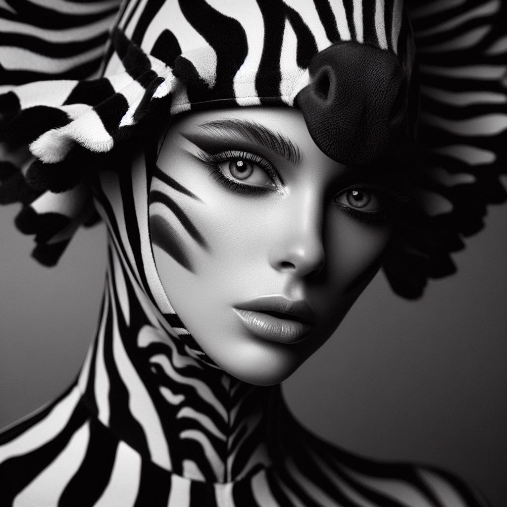 Prompt: persona with a beautiful zebra headdress, in the style of superheroes, monochromatic shadows, shot on 70mm, expressive eyes, uhd image, serge marshennikov, mismatched patterns
