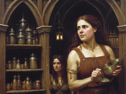 Prompt: oil painting by john waterhouse, an witches shop, with a old female ogre running the shop