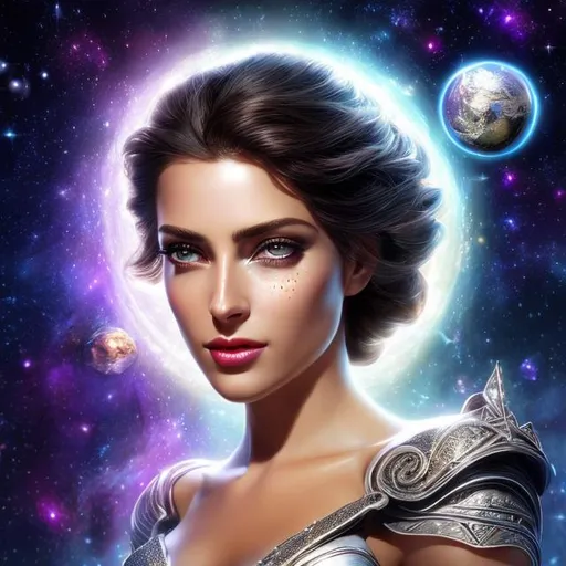 Prompt: HD 4k 3D 8k professional modeling photo hyper realistic beautiful woman ethereal greek goddess of fate/destiny of the universe
black starry hair updo silver eyes gorgeous face mixed freckled skin shimmering shiny dress jewelry crown full body  surrounded by magical glowing ambience hd landscape background balance of universe planets 