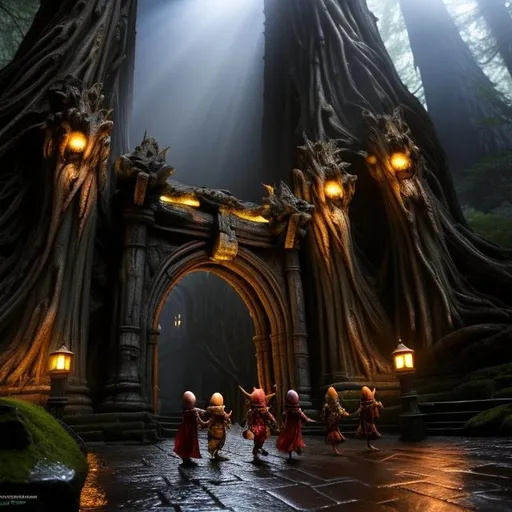 Prompt: goblins and gremlins were entering our world through the great stone moon gate deep within the redwood forest, detailed scene, digital painting, hyperrealistic, fantasy, Surrealist, by Brian Froud and Stanley Artgrem Lau, artstation, highly detailed, sharp focus, wide angle shot, mystical, stunningly beautiful, dystopian, crimson, black, cinematic lighting, dark