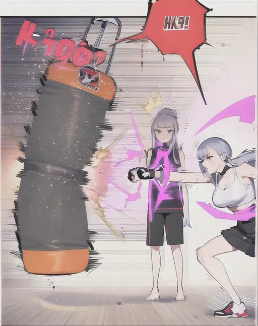 Prompt: punching bag punching, high quality, punching bag,Best quality, tall girl, (punching bag:1.2), master piece, leggings , muscle, blood, punching bag, latex ,ultra detailed, realistic, 4k, fight punching, open finger gloves ,anime style,punching fighting, beauty girl, pretty ,detailed face, punching bag smash 