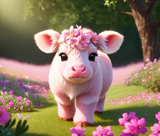 Prompt: Disney Pixar style pink highland calf highly detailed, extra fluffy, intricate, big eyes, adorable, beautiful, soft dramatic lighting, light shafts, radiant, ultra high quality octane render, forest background, field of flowers, bokeh, hypermaximalist,
