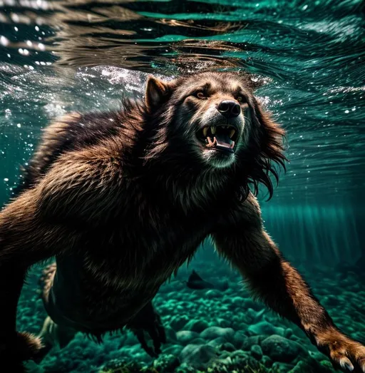 Prompt: Werewolf swimming underwater 