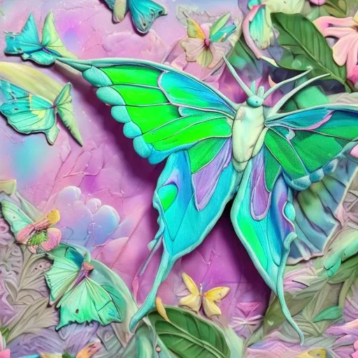 Prompt: Pastel Luna moth diorama in the style of Lisa frank