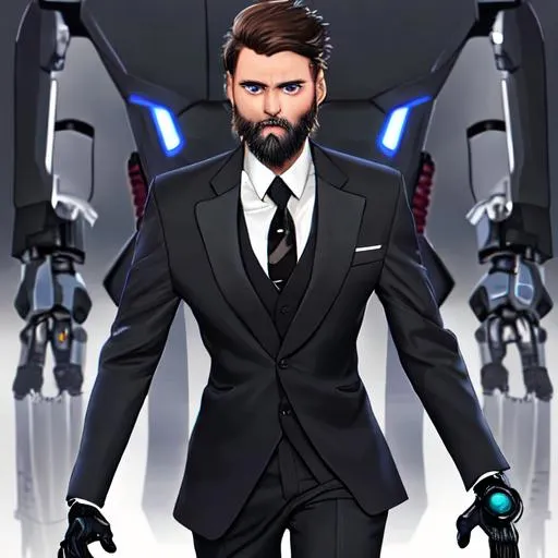 Prompt: male, brown hair with a grey streak, brown beard, blue eye, robotic arm and leg, wearing a  black suit , young, 