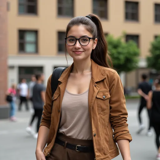 Prompt: A photographic high resolution realistic image of a young woman cosplaying as the character Margot from the animated movie Despicable Me, as a young woman in college.  She has long brown hair in a ponytail, glasses, and dresses in a skirt and top with a suede jacket