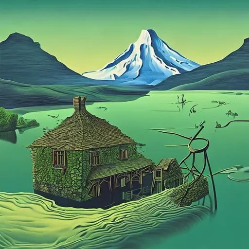 Prompt: a green river and an old cottage, in the style of Dali