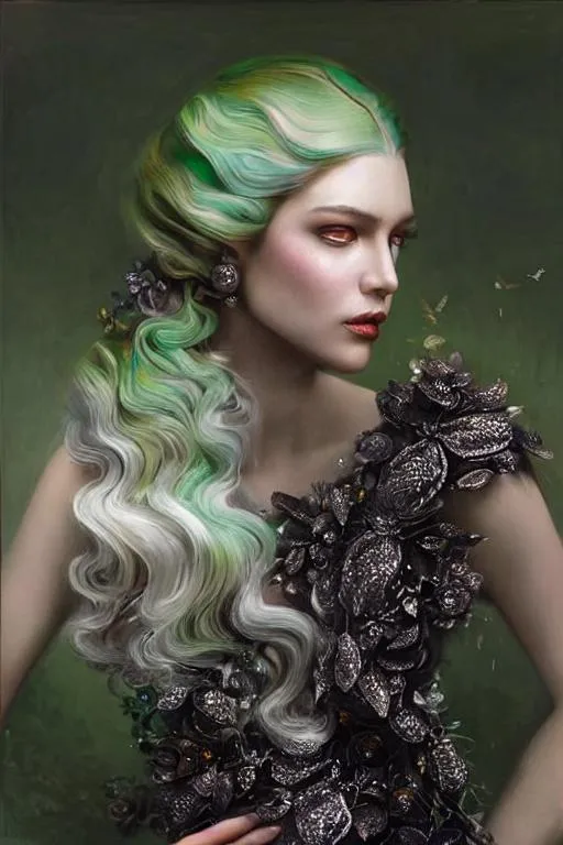 Prompt: A beautiful woman, beautiful face, stunning snake green eyes, ombre gradient green hair, delicate dress made of gradient iridescent snake scales details by pino daeni, tom bagshaw, Cicely Barker, Daniel Merriam, intricate details by Andrew atroshenko, James Jean, Mark Ryden, charlie bowater, WLOP, Jim burns, esao Andrews, Megan duncanson, beautiful portrait , very detailed, high definition, crisp quality, cinematic smooth, cinematic lighting, ultrarealistic, crispy focus 