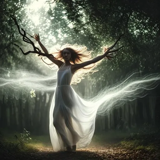 Prompt: realistic beautiful woman in white dress with crazy long messy hair dancing in the dark woods many sunlight streaks trees and branches
