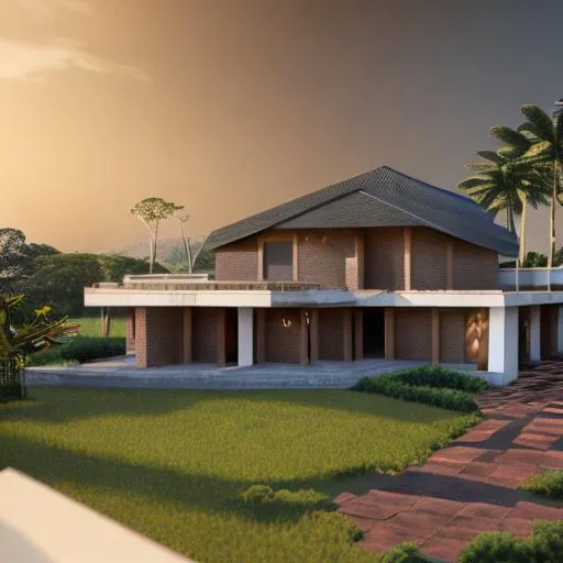 Prompt: modern design of beautiful detailed family brick house with a straw and copper roof and intricate and artistic congolese minerals details with elements of precolonial Congolese inspiration kinshasa, volumetric natural light wakanda style, cinematic light, ultra realistic, vray, far view, perspective landscape
