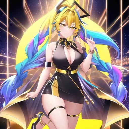 Prompt:  Haruki 1female. Braided multicolor {{yellow and blue ombre hair.}}lively yellow eyes. Wearing a sleek and stylish ensemble, with a stylish black mini dress, high heels, and gold jewelry, UHD, 8K, highly detailed, 