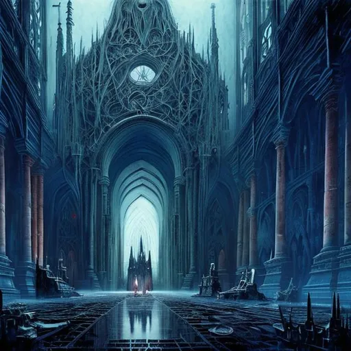 Prompt: Room interior painting, cathedral without windows, in the center of the room a huge dimensional portal with black ink-like surface, dull colors, danger, fantasy art, by Hiro Isono, by Luigi Spano, by John Stephens