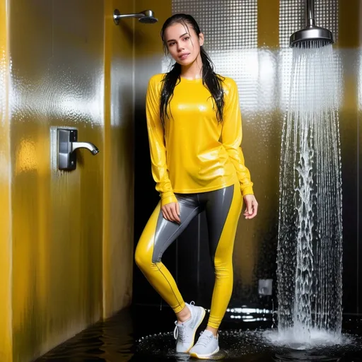 Prompt: photo of young woman, soaking wet clothes, White sneakers, Complety wet gray long tight leggings, Completely wet yellow slim long sleeve t-shirt, wet black sports br-a,  , Showering, sweaty and soaking wet,   enjoying, water dripping from clothes, clothes stuck to body,  detailed textures of the wet fabric, wet face, wet plastered hair,  wet, drenched, professional, high-quality details, full body view.