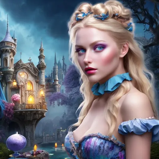 Prompt: 4k 3D professional modeling photo live action human woman hd hyper realistic beautiful english woman blonde hair fair skin blue eyes beautiful face blue white and black dress black headband enchanting mystical wonderland landscape hd background with live action magic full body mad tea party