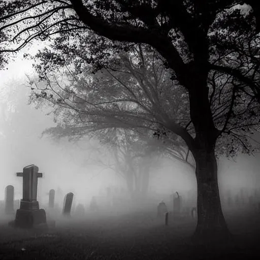 Prompt: grave yard, cemetery, dark, fog, scary, creepy, night, 