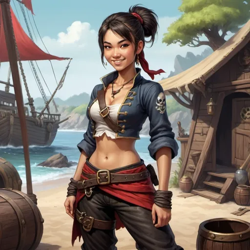 Prompt: Full body, Fantasy illustration of a young asian female pirate, skinny and athletic, short, hairknot, mischievous expression, mean smile, detailed, high quality, rpg-fantasy, pirate camp in background, painting, art