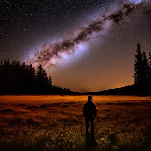 Prompt: Man standing in distance on the meadow at night looking up the night sky with saturn on it, deep night sky with stars and saturn, brown color, ultra details, 4k resolution, 1000x1000 