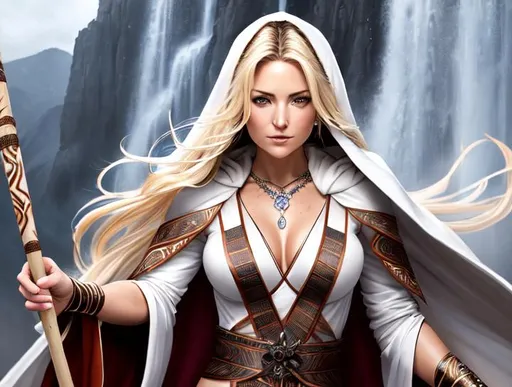 Prompt:  wide shot full body photo of Kate Hudson, 20 years old, holding a wooden magic staff, blonde hair, brown eyes, claw marks on face, wearing hooded white tribal skin tight robe, ethereal, jewelry set balayage wild hair, royal vibe, highly detailed, highly detailed face, digital painting, Trending on artstation , HD quality, tan skin,artgerm,  by Ilya Kuvshinov 