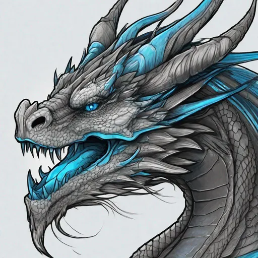 Prompt: Concept design of a dragon. Dragon head portrait. Coloring in the dragon is predominantly dark gray with sky blue streaks and details present.