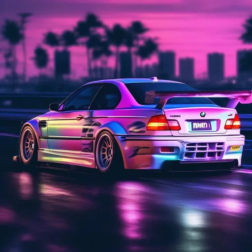 Prompt: 2001 BMW M3 E46 GTR, synthwave, aesthetic cyberpunk, miami, highway, dusk, neon lights, coastal highway, dusk, neon lights, coastal highway, sunset, drift, nurburgring, water on the road, blade runner, 64k, watercolor, macro sharp focus, 8, hyper realistic, cinematic, highly detailed, photoraelistic, clean