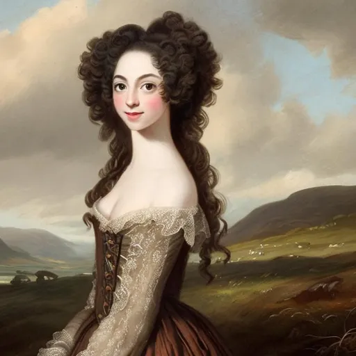Prompt: Woman brown curly medium hair,pale skin ,dressed with 1750 gown 

scotland landscape in 18 th century era