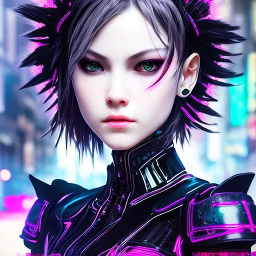 Prompt: neon punk. mysterious lady. insanely beautiful. perfect anatomy. symmetrically perfect face. beautiful long black. beautiful amber eyes. hyper realistic. super detailed. soft colours. no extra limbs or hands or fingers or legs or arms. standing on the street. pale skin. smooth texture. realism.
