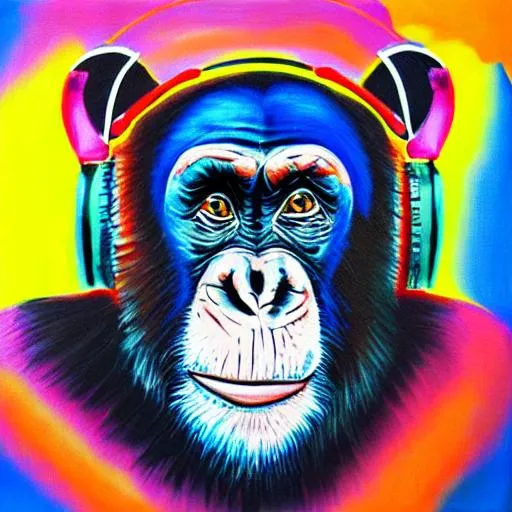 Prompt: oil painted chimpanzee  bright colours with headphones and a screwed up face