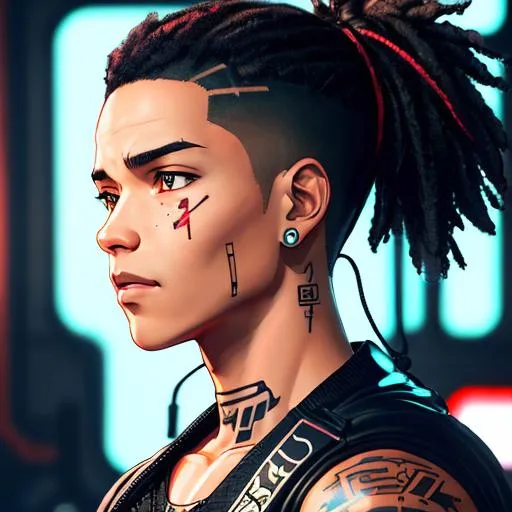 Prompt: biracial male engineer - facial tattoo -  wearing combat suit - cyberpunk mechanic, garage and tools, mechanic | hyper realistic profile photo, looking at camera, 8k, ultra HD | by makoto shinkai, ilya kuvshinov, lois van baarle, ross draws, basquiat | in the style of Cyberpunk 2077 dark color theme